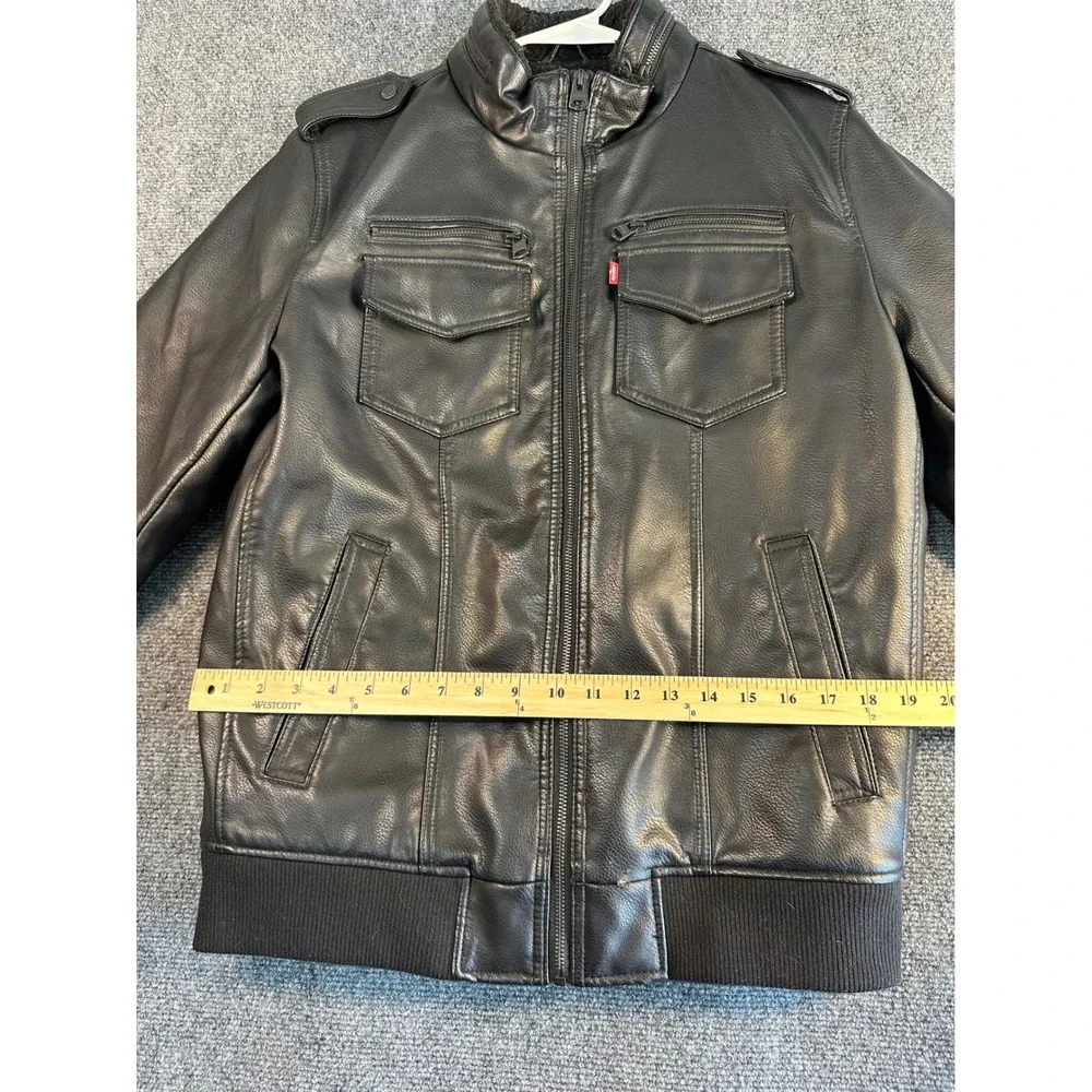 Levis Mens Black Faux Leather Sherpa Lined Bomber Jacket Medium Utility Moto